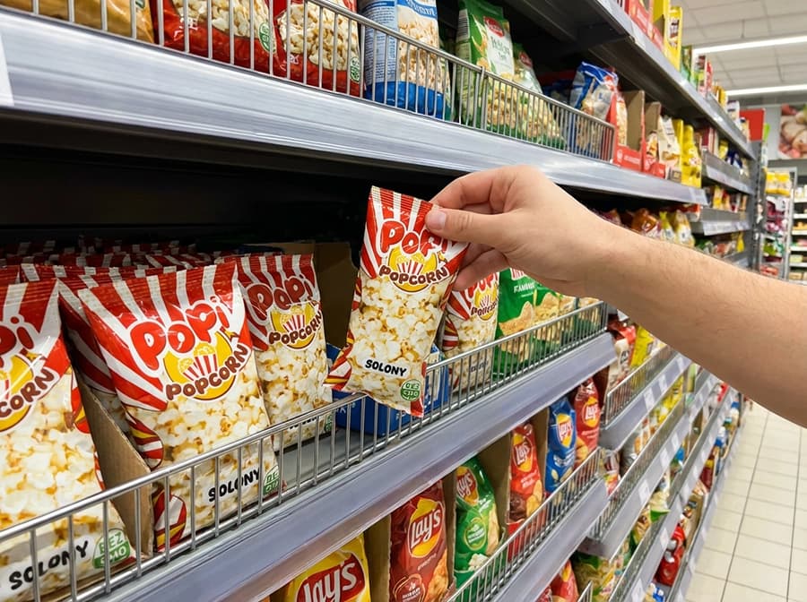Popi Popcorn na półce sklepowej